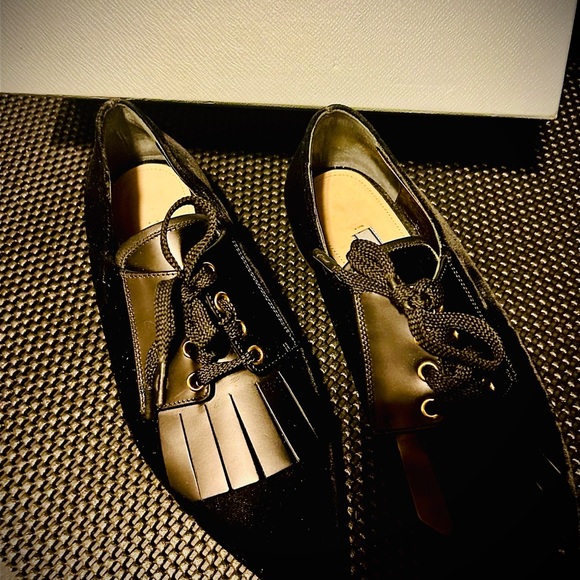 Black Velvet Prada loafer w/ leather fringe overlay. - Picture 6 of 6
